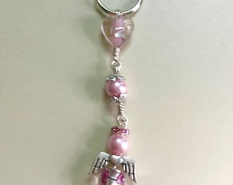 Homemade Angel Wire Wrapped Heart Pink Pearl/Beads Keychain Silver Tone Ring