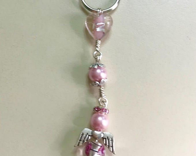 Homemade Angel Wire Wrapped Heart Pink Pearl/Beads Keychain Silver Tone Ring