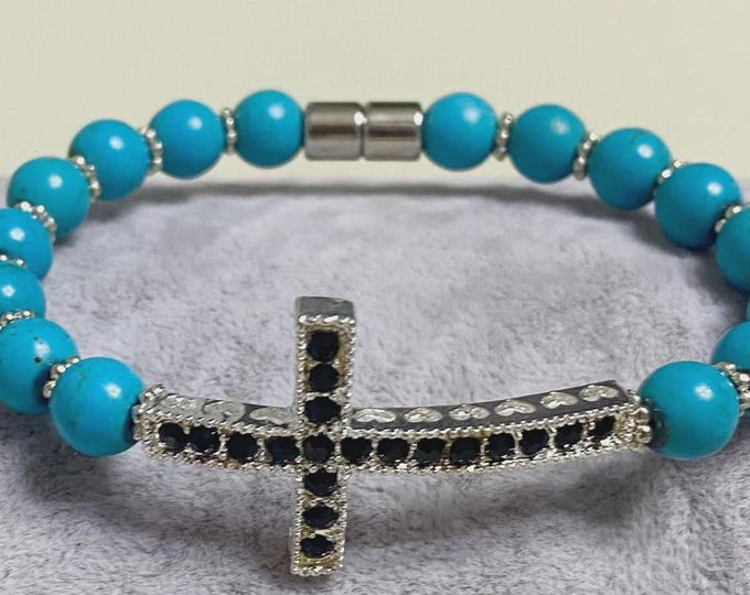 Turquoise colored Beaded Bracelet Black Rhinestone Silver Cross Magnet Closure