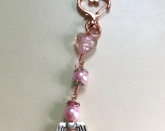 Pink Pearl Murano Angel Keychain Copper Tone w/Silver Accents Ring Heart Clasp