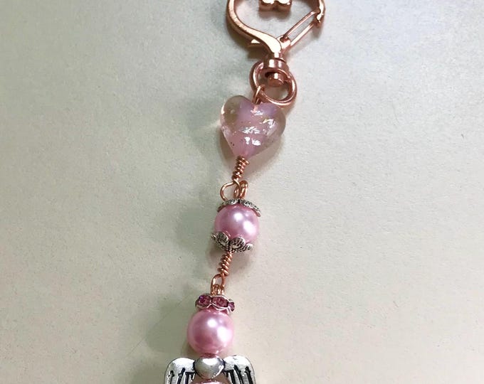 Pink Pearl Murano Angel Keychain Copper Tone w/Silver Accents Ring Heart Clasp
