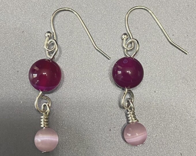 Raspberry Bead Wire Wrap Pink Cat’s Eye Dangle Fish Hook Earrings