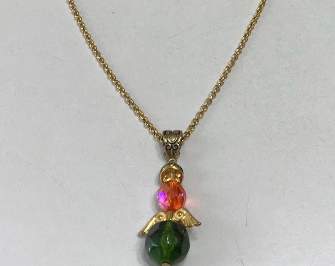 Handmade Orange Green Angel Necklace Gold Color with Gold colored Wings & Chain