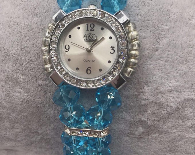 Handmade Blue Glass faceted Beads Rhinestones Bracelet Watch w Magnet Closure