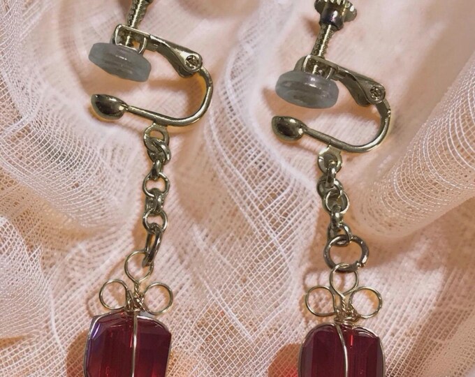 Gold Color Clip On Screw Back Style Dangle Earrings w/ Red Crystal wrapped Bow