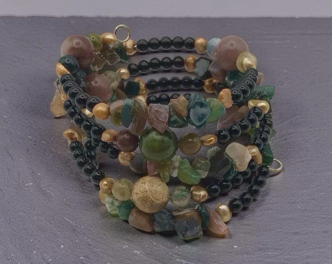 Indian Agate Semi Precious Fresh Water Pearl Bracelet Memory Wire