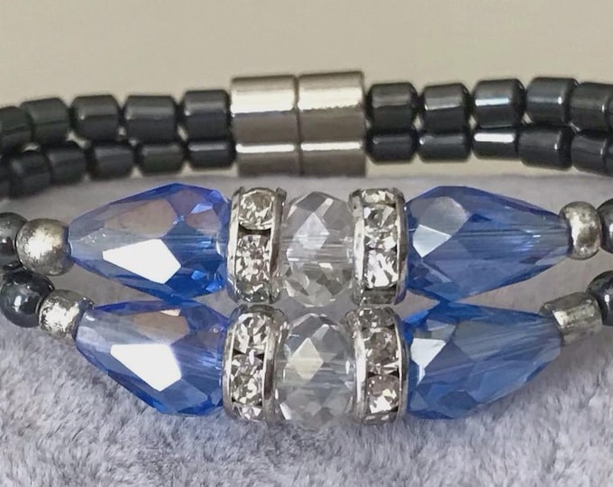 Blue and Clear Magnetic Hematite Double Stranded Bracelet w/ Magnet Clasp
