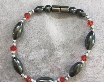 Red and Silver Accent Magnetic Hematite Bracelet w/ Strong Magnet Clasp