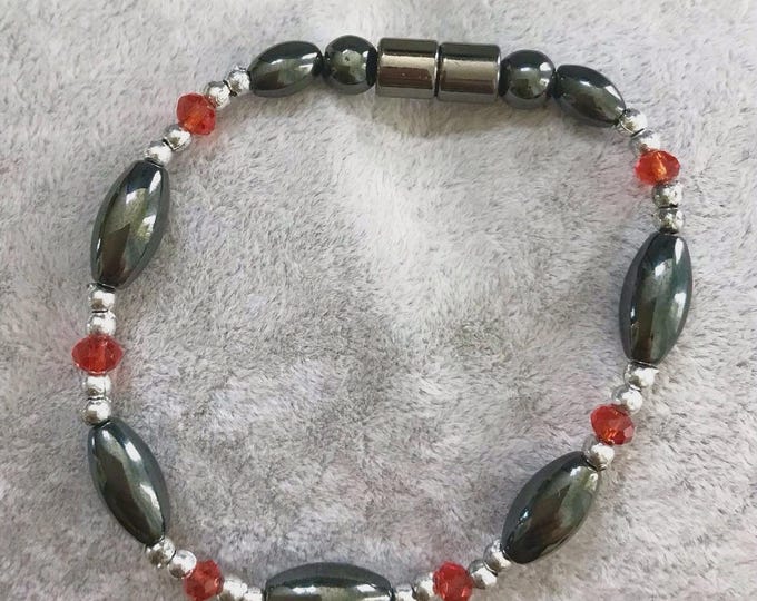 Red and Silver Accent Magnetic Hematite Bracelet w/ Strong Magnet Clasp