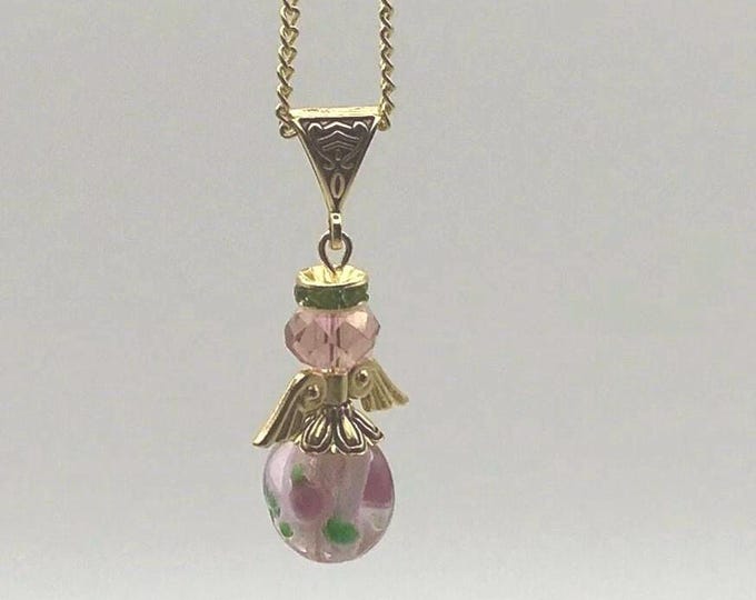 Handmade Angel Necklace Pink Gold Green Gold colored Wings & Chain Lobster Clasp