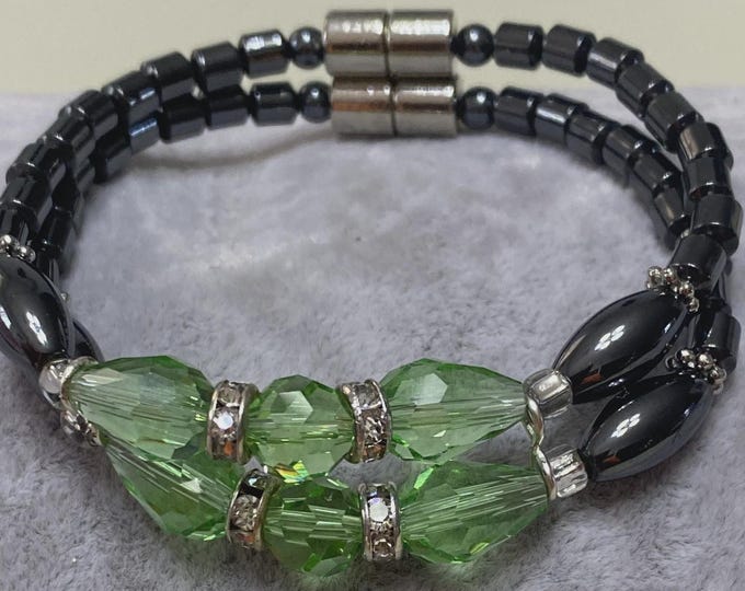 Lt. Green Crystal Magnetic Hematite Double Stranded Bracelet w/ Magnet Clasp