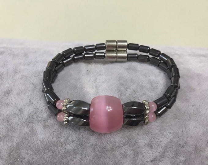 Pink Cats Eye 6.5 inch Magnetic Hematite Double Strand Bracelet w/Magnet Clasp