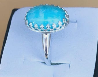 Sterling Silver Teal Green Amazonite Oval 14x10 Cabochon Bezel Set Ring Sz 8