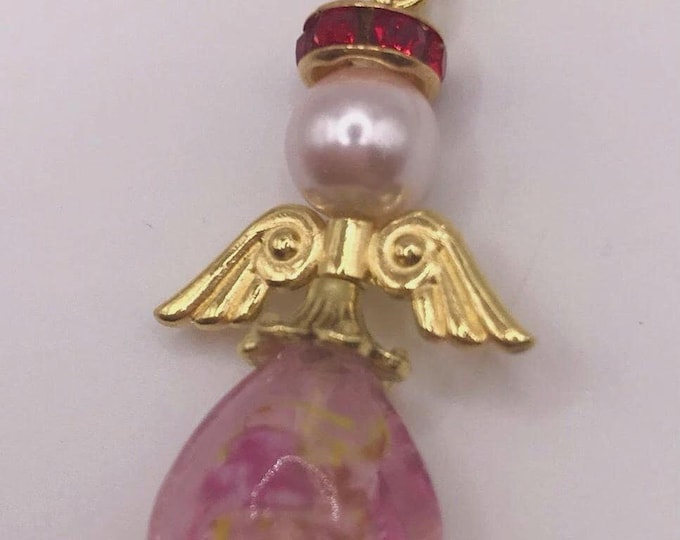 Angel Necklace Glass Pearl murano Pink Heart w/Wings Red Rhinestone Chain