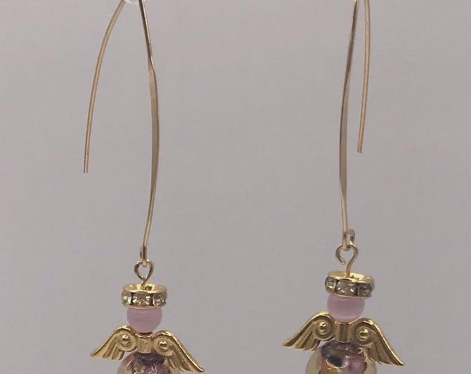 Handmade w/Angel Earrings Pink Cats Eye Murano Gold Round Bead Wings