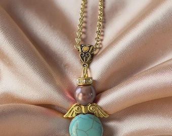 Angel Necklace Turquoise Howlite & Mauve Glass Pearl Bead Gold color Wings Chain