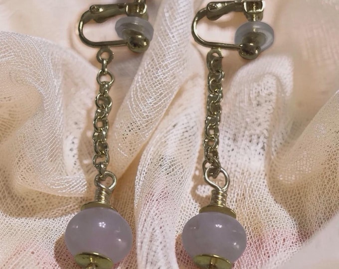 Rose Quartz Rondelle Semi Precious Yellow Gold Color Clip On Dangle Earrings