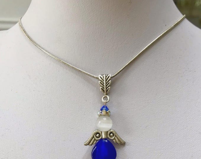 Angel w/Wings Necklace Pendant Blue & White Silver Plated w/ Chain