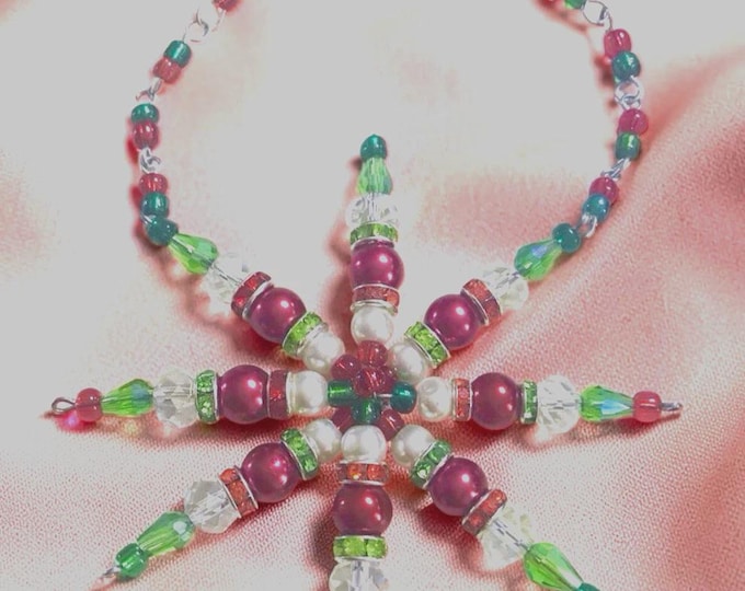 Handmade Holiday Red Green Clear Rhinestone Beaded Snowflake Christmas Ornament