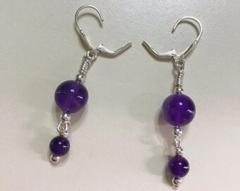 Sterling .925 Silver Genuine Amethyst Stone Handmade Earrings Lever Back Dangle