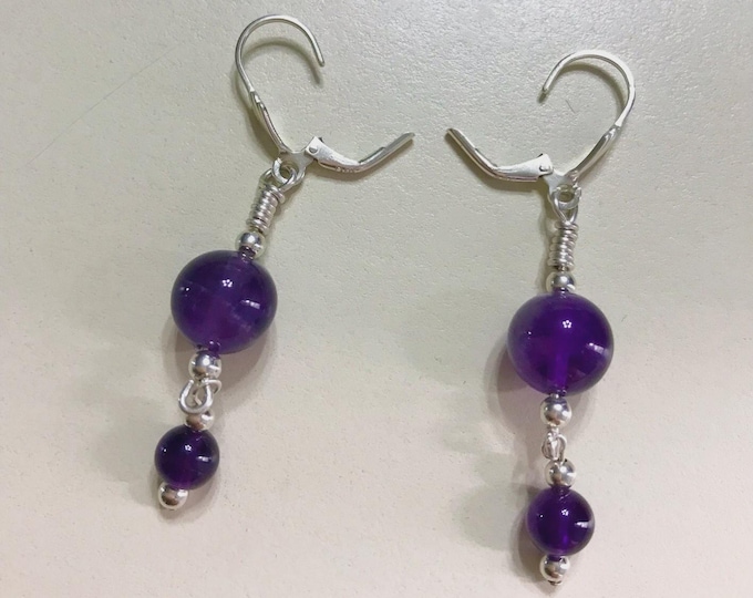 Sterling .925 Silver Genuine Amethyst Stone Handmade Earrings Lever Back Dangle