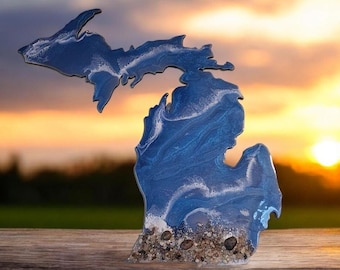 Michigan Resin Wall Art – Sunset, Petoskey Stones, and Beach Sand – Great Lakes Decor