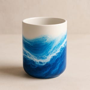 May include: A cylindrical ceramic mug with a white top and a blue and white wave design. The blue hues transition from light to dark, creating a realistic ocean wave effect. The mug has a smooth, glossy finish.