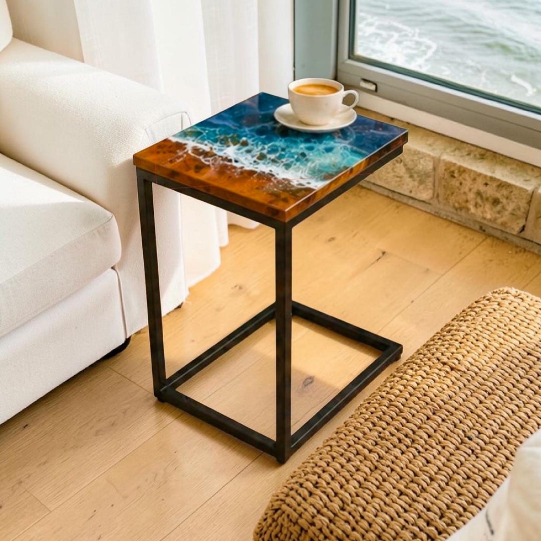 Ocean Wave Epoxy C Table • Resin Beach Table With Outlets • Coastal ...