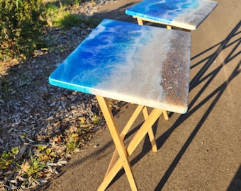 Handmade Ocean Resin Foldable Tray Table – Coastal Decor TV Tray – Custom Epoxy Art Table – Beach Theme Furniture