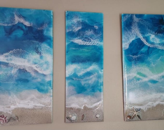 Epoxy Shell Designs Ocean Resin Artwork, 3d Artwork,beach Epoxy,triptych,modern Art, Ocean ...