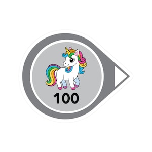 May include: A gray and white sticker with a cartoon unicorn with a rainbow mane and tail. The sticker has the number 100 printed on it.