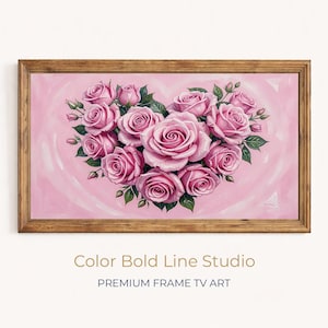 Peut inclure: Une œuvre d'art encadrée représentant un cœur de roses roses sur fond rose. Le cadre en bois entoure la composition florale. Le texte "Color Bold Line Studio" et "PREMIUM FRAME TV ART" est en bas.