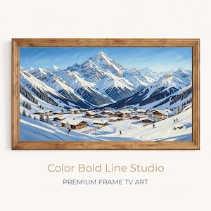 Peut inclure: Une impression encadrée d'un paysage de montagne enneigé avec un village niché dans la vallée. L'œuvre présente une peinture détaillée de sommets enneigés, de ciels bleus et de skieurs. Le cadre est en bois. Le texte "Color Bold Line Studio" et "PREMIUM FRAME TV ART" est en bas.