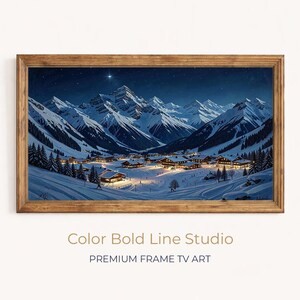 Peut inclure: Une impression encadrée d'un paysage hivernal avec des montagnes enneigées et un village au pied. L'œuvre est sous un ciel étoilé. Le cadre est en bois. Le texte "Color Bold Line Studio" et "PREMIUM FRAME TV ART" est en bas.