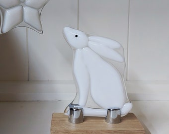 Fused Glass White Hare. Glass Hare.  Star Gazing Hare. White Rabbit.