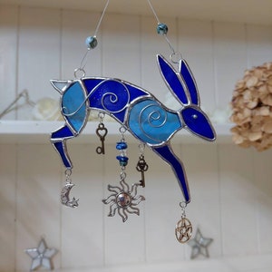 Stained Glass Hare. Mystical Hare. Suncatcher. Leaping Hare Suncatcher. Pagan Hare.