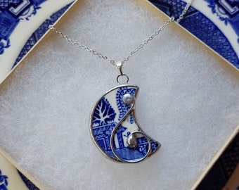 Moon Pendant. Broken China Pendant. Broken China Jewellery. Blue & White China Necklace. English China. Vintage China. China Anniversary.