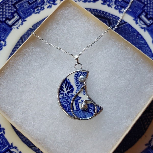 Moon Pendant. Broken China Pendant. Broken China Jewellery. Blue & White China Necklace. English China. Vintage China. China Anniversary.