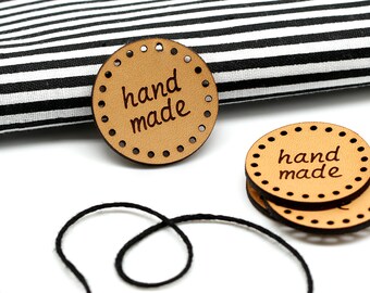 Round Leather Labels Pack - "hand made" - RO02 - Genuine italian crochet labels and sewing labels