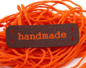 Flat Leather Tags Handmade Labels - Orange-Brown Mod. HMC PU Leather Labels for crochet handmade labels for sewing and knitting Faux Leather