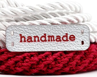Flat Leather Tags Handmade Labels - Red-Silver Mod HMC PU Leather Labels crochet handmade labels for sewing and knitting Faux Leather Tags