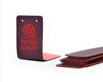Folding Leather labels Handmade Tags - Red-Violet Mod. HMD, Yarn hand made - PU Leather Labels for crochet items, sewing Faux Leather Tags