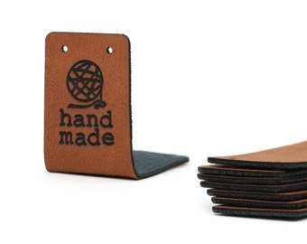 Folding Leather labels Handmade Tags - Black-Brown Mod. HMD, Yarn hand made - PU Leather Labels for crochet items, sewing Faux Leather Tags
