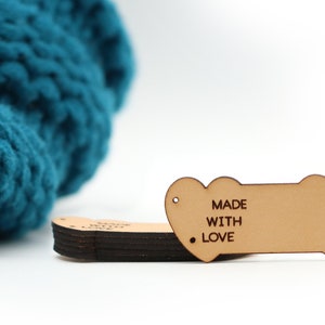 Folding Leather Label Pack -  "made with love" Heart shaped - P - Customizable Genuine italian crochet labels and sewing labels
