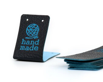 Folding Leather labels Handmade Tags - Blue-Black Mod. HMD, Yarn hand made - PU Leather Labels for crochet items, sewing Faux Leather Tags