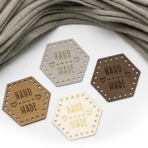 VEGAN Leather Labels Hexagon HEX01 "handmade" - Exclusive engraved vegan leather tags
