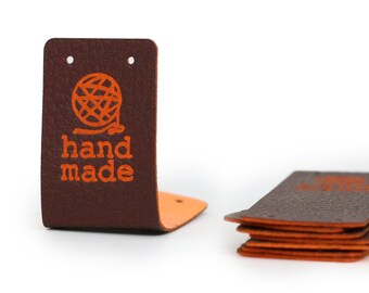 Folding Leather labels Handmade Tags - Orange-Brown Mod. HMD, Yarn hand made - PU Leather Labels for crochet items, sewing Faux Leather Tags