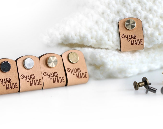 Featured listing image: 15x Customizable Rivet Leather Tags - Handmade labels with metal rivet screw - Custom name beanie tags with rivets - tags for handmade items