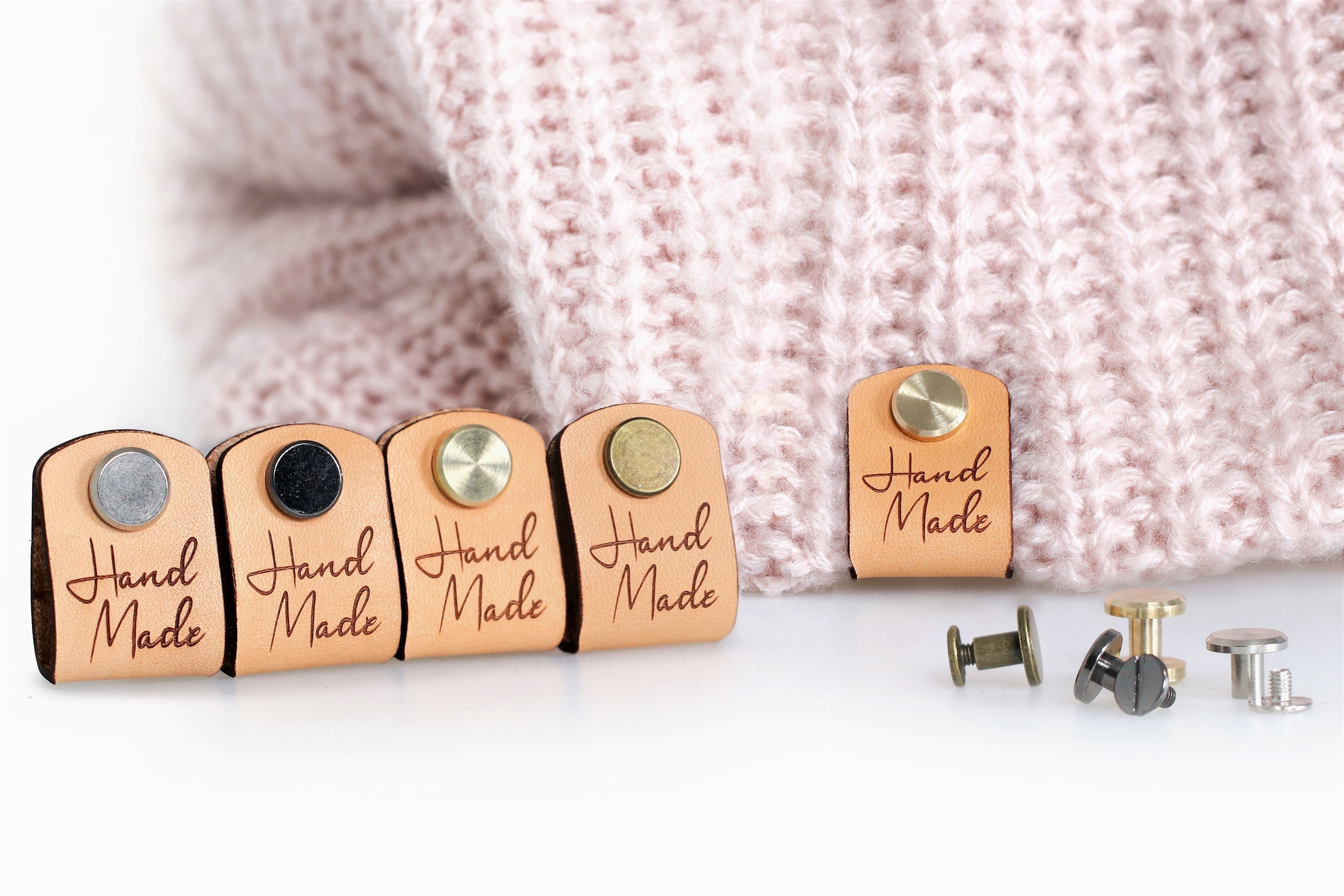  Custom Small Labels With Rivet, Knitting Beanie Tags,  Personalized Leather Tags, Crochet tags, Leather Label for Knitted items,  Handmade tag : Handmade Products