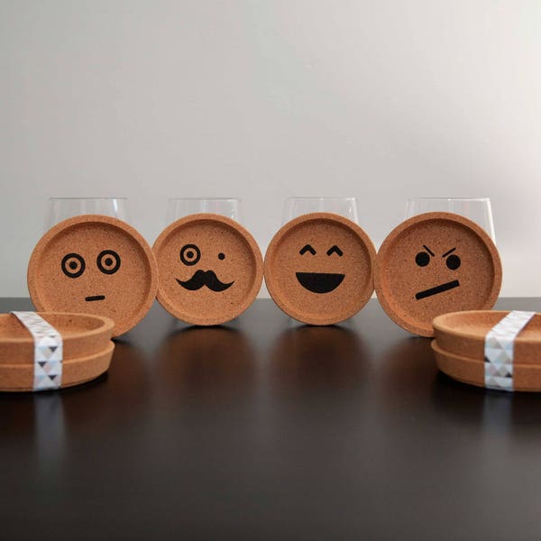 Emoji Coasters | Set of 4 | Exclusive cork emoticon coasters